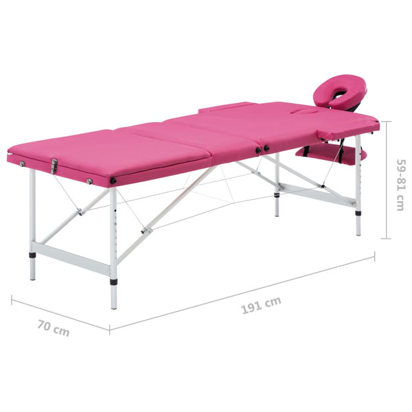 vidaXL Foldable 3-Zone Massage Table with Aluminum Frame Pink