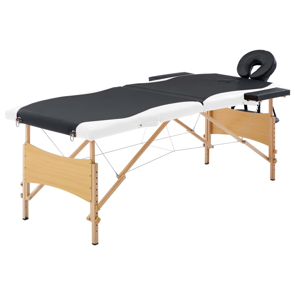 vidaXL 2-Zone Foldable Massage Table with Wooden Frame Black and White