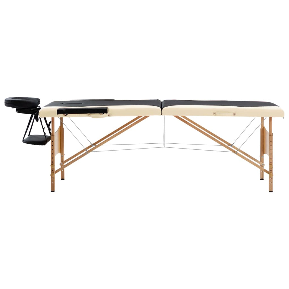 vidaXL Foldable 2-Zone Massage Table with Wooden Frame Black and Beige