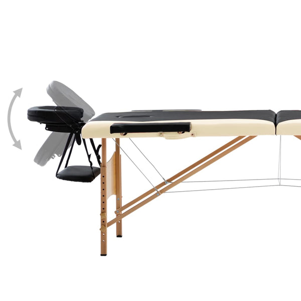 vidaXL Foldable 2-Zone Massage Table with Wooden Frame Black and Beige