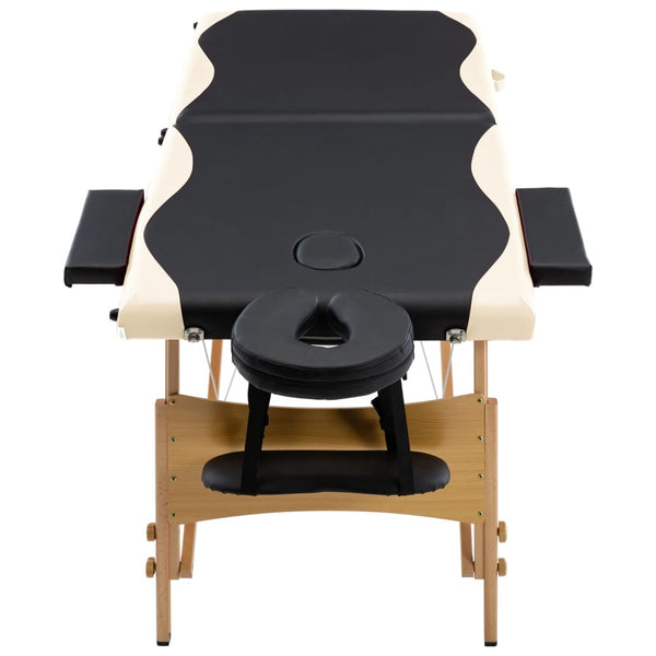 vidaXL Foldable 2-Zone Massage Table with Wooden Frame Black and Beige