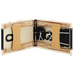 vidaXL Foldable 2-Zone Massage Table with Wooden Frame Black and Beige