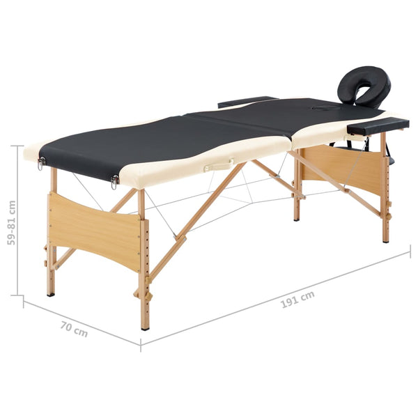 vidaXL Foldable 2-Zone Massage Table with Wooden Frame Black and Beige