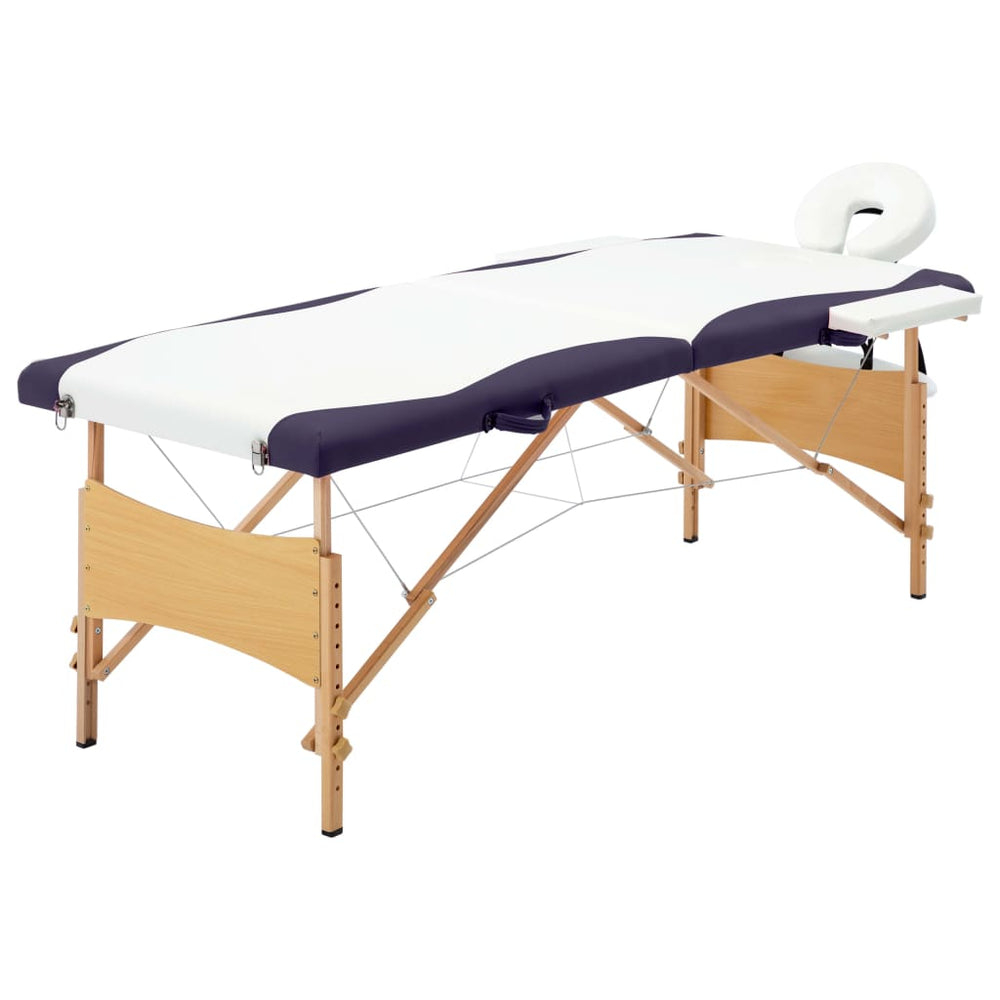 vidaXL 2-Zone Foldable Massage Table with Wooden Frame White and Purple