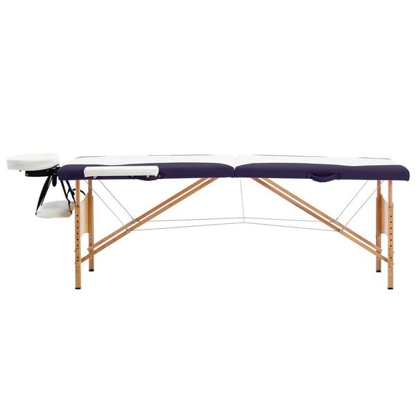 vidaXL 2-Zone Foldable Massage Table with Wooden Frame White and Purple