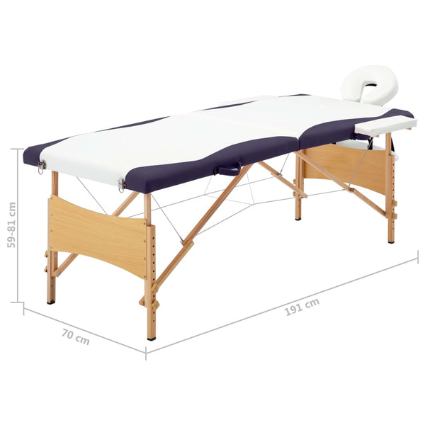 vidaXL 2-Zone Foldable Massage Table with Wooden Frame White and Purple