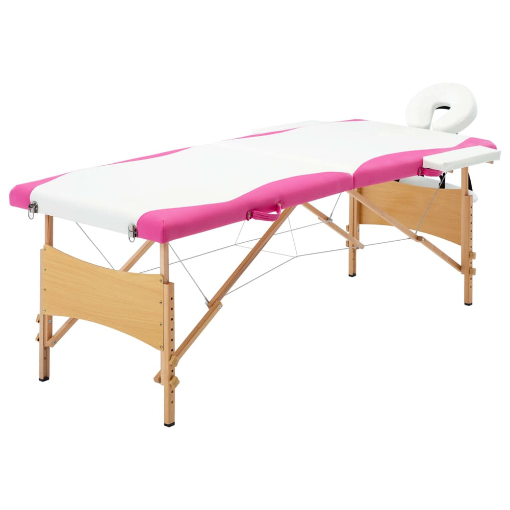 vidaXL 2-Zone Foldable Massage Table with Wooden Frame White and Pink