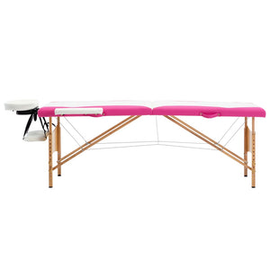 vidaXL 2-Zone Foldable Massage Table with Wooden Frame White and Pink