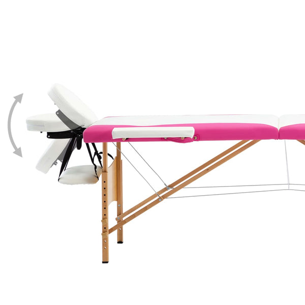 vidaXL 2-Zone Foldable Massage Table with Wooden Frame White and Pink