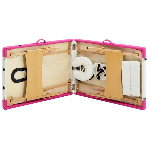 vidaXL 2-Zone Foldable Massage Table with Wooden Frame White and Pink