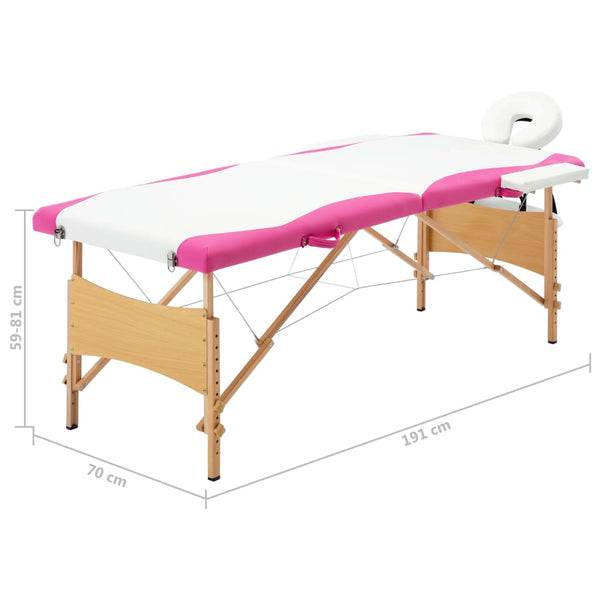 vidaXL 2-Zone Foldable Massage Table with Wooden Frame White and Pink