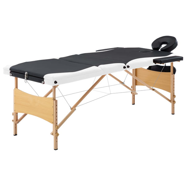 vidaXL 3-Zone Foldable Massage Table with Wooden Frame Black and White