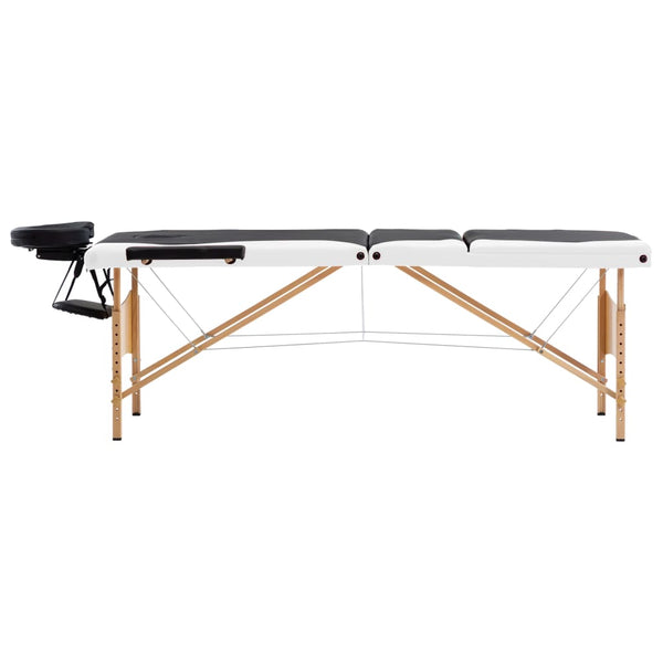 vidaXL 3-Zone Foldable Massage Table with Wooden Frame Black and White