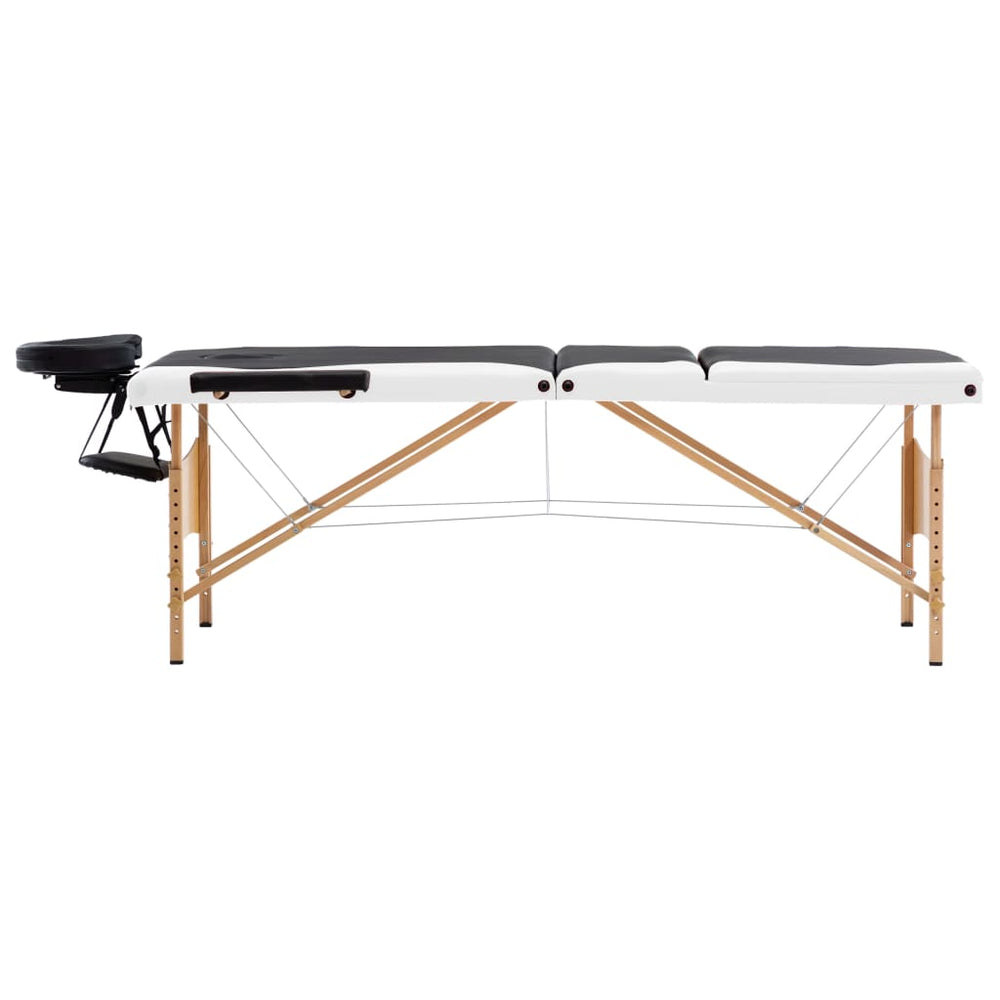 vidaXL 3-Zone Foldable Massage Table with Wooden Frame Black and White