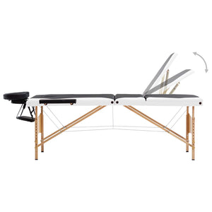 vidaXL 3-Zone Foldable Massage Table with Wooden Frame Black and White