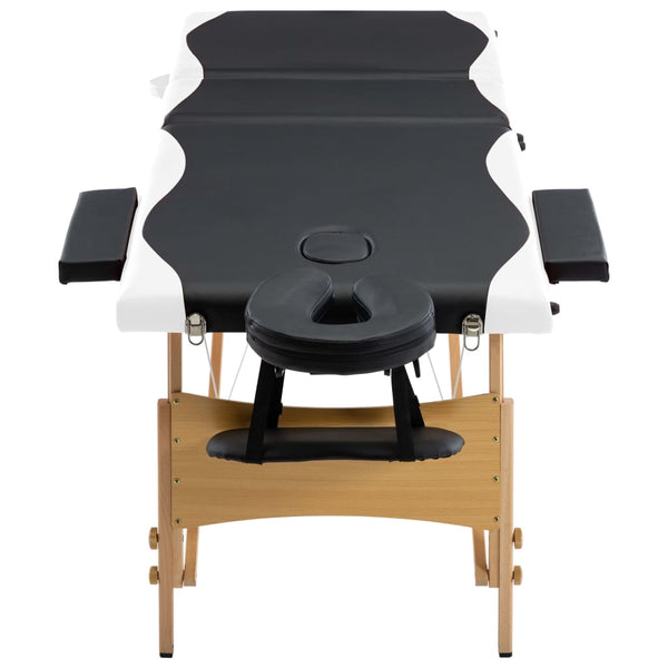 vidaXL 3-Zone Foldable Massage Table with Wooden Frame Black and White