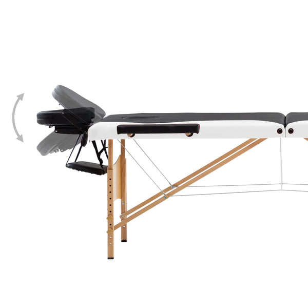 vidaXL 3-Zone Foldable Massage Table with Wooden Frame Black and White