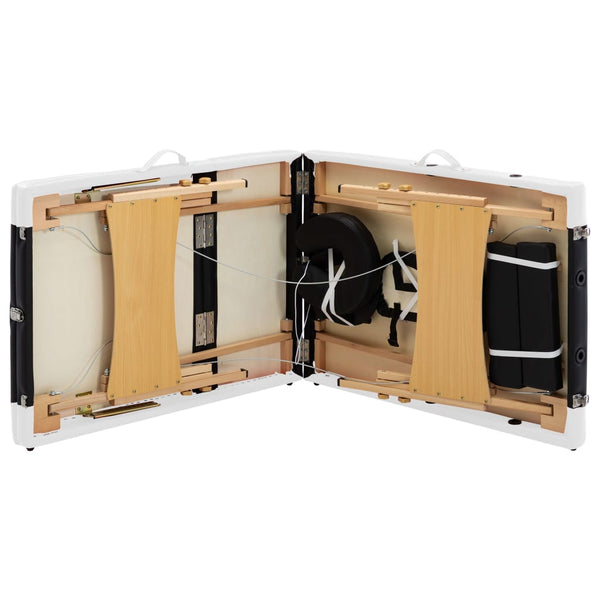 vidaXL 3-Zone Foldable Massage Table with Wooden Frame Black and White