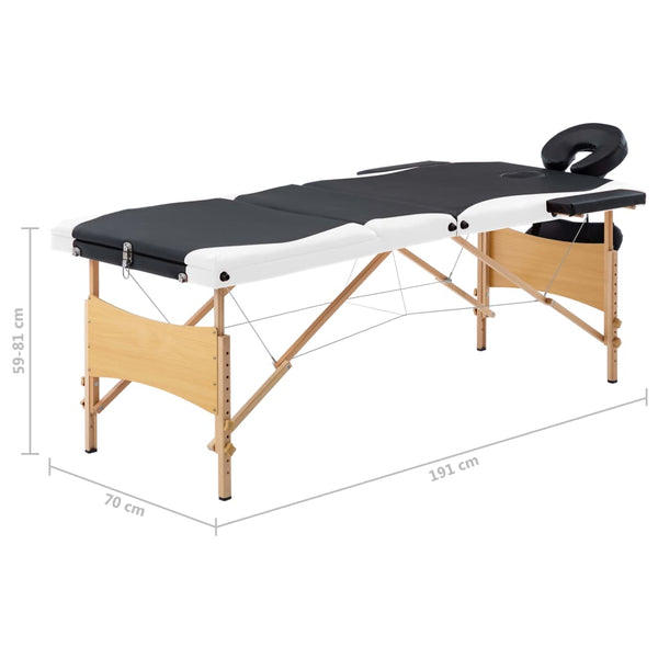 vidaXL 3-Zone Foldable Massage Table with Wooden Frame Black and White
