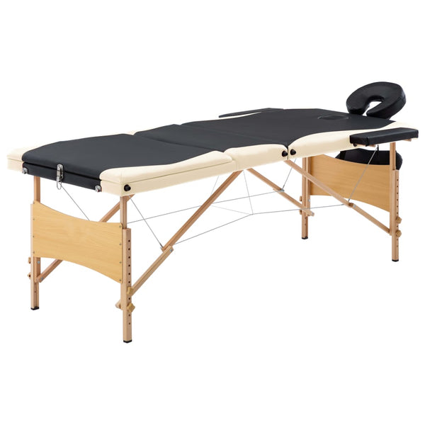 vidaXL Foldable 3-Zone Massage Table with Wooden Frame Black and Beige
