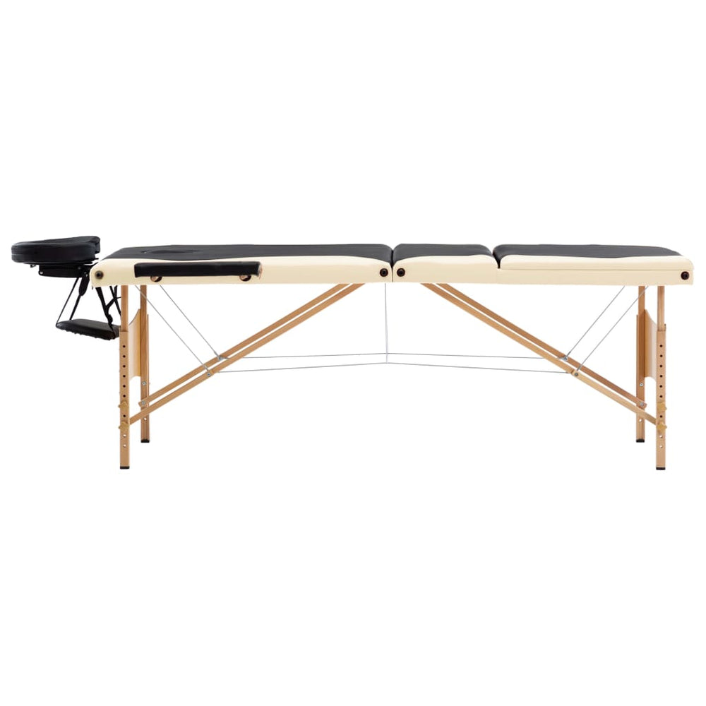 vidaXL Foldable 3-Zone Massage Table with Wooden Frame Black and Beige