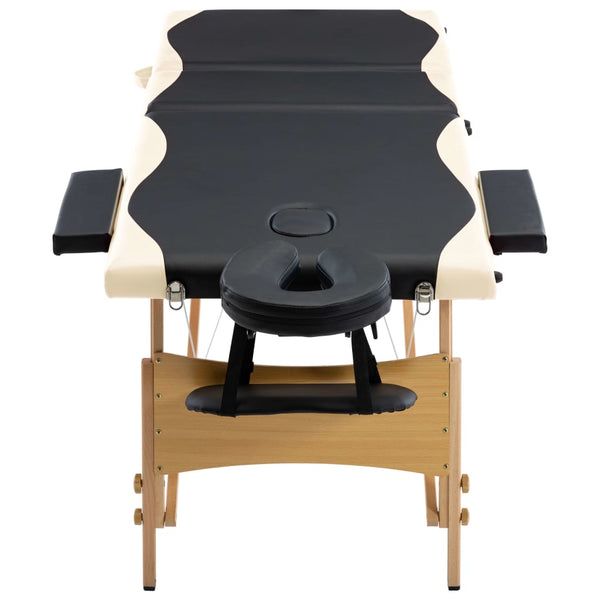 vidaXL Foldable 3-Zone Massage Table with Wooden Frame Black and Beige
