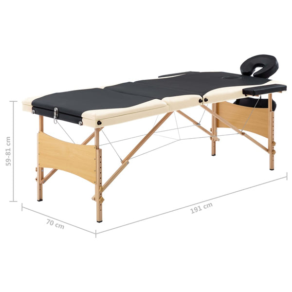 vidaXL Foldable 3-Zone Massage Table with Wooden Frame Black and Beige