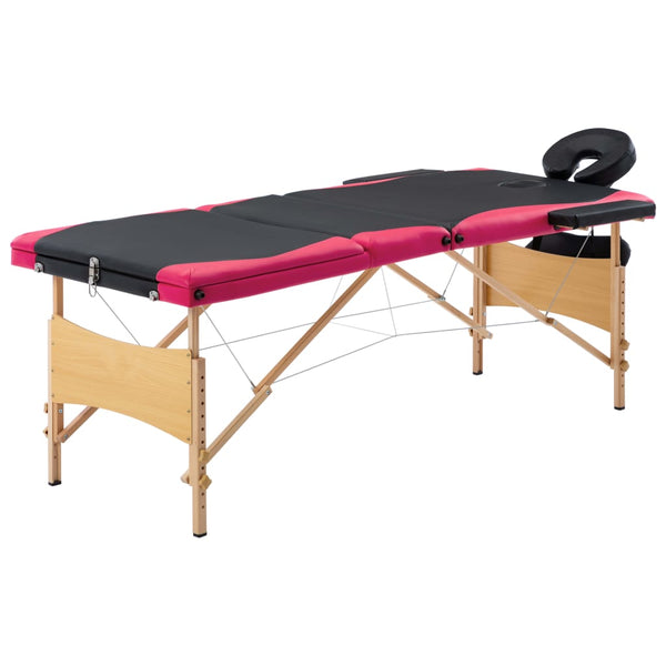vidaXL 3-Zone Foldable Massage Table with Wooden Frame Black and Pink