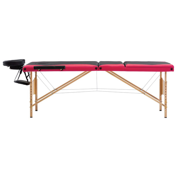 vidaXL 3-Zone Foldable Massage Table with Wooden Frame Black and Pink