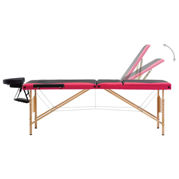 vidaXL 3-Zone Foldable Massage Table with Wooden Frame Black and Pink
