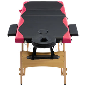 vidaXL 3-Zone Foldable Massage Table with Wooden Frame Black and Pink