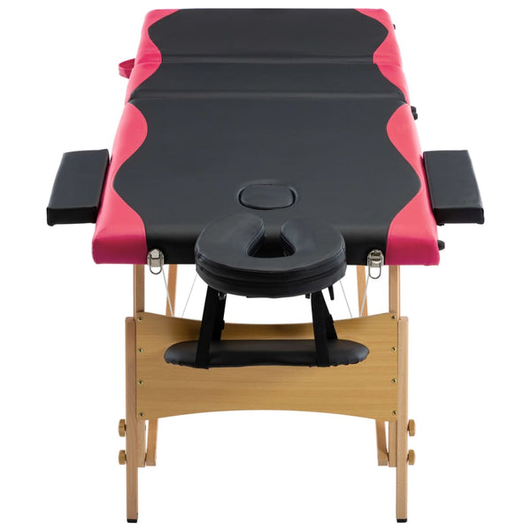 vidaXL 3-Zone Foldable Massage Table with Wooden Frame Black and Pink