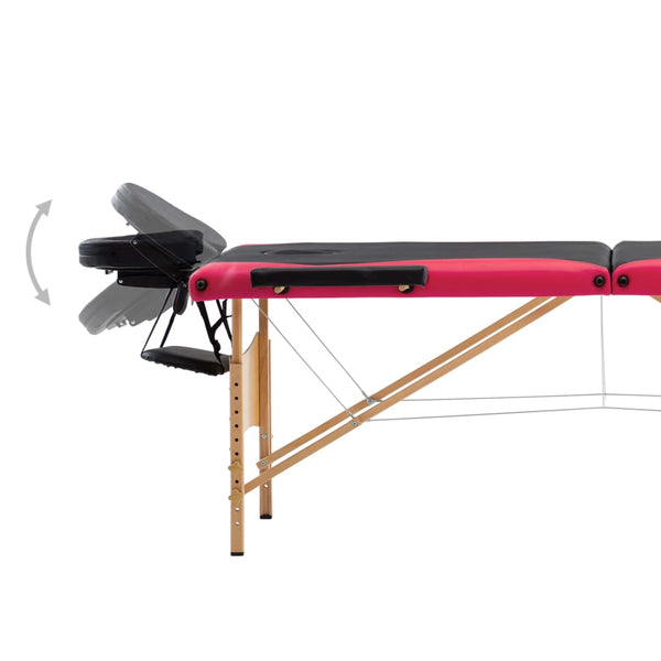 vidaXL 3-Zone Foldable Massage Table with Wooden Frame Black and Pink