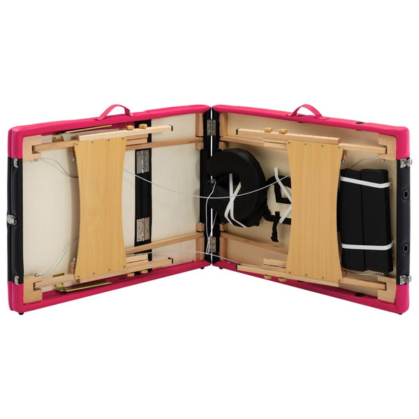 vidaXL 3-Zone Foldable Massage Table with Wooden Frame Black and Pink