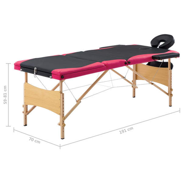 vidaXL 3-Zone Foldable Massage Table with Wooden Frame Black and Pink