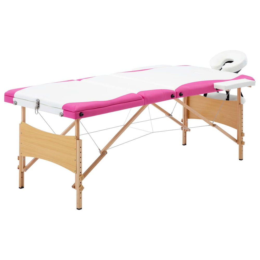 vidaXL 3-Zone Foldable Massage Table with Wooden Frame White and Pink