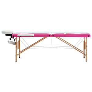 vidaXL 3-Zone Foldable Massage Table with Wooden Frame White and Pink