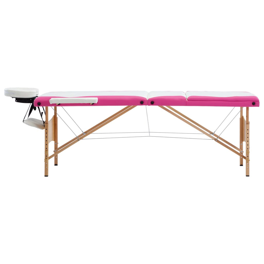 vidaXL 3-Zone Foldable Massage Table with Wooden Frame White and Pink
