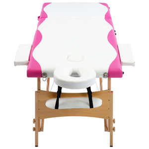 vidaXL 3-Zone Foldable Massage Table with Wooden Frame White and Pink