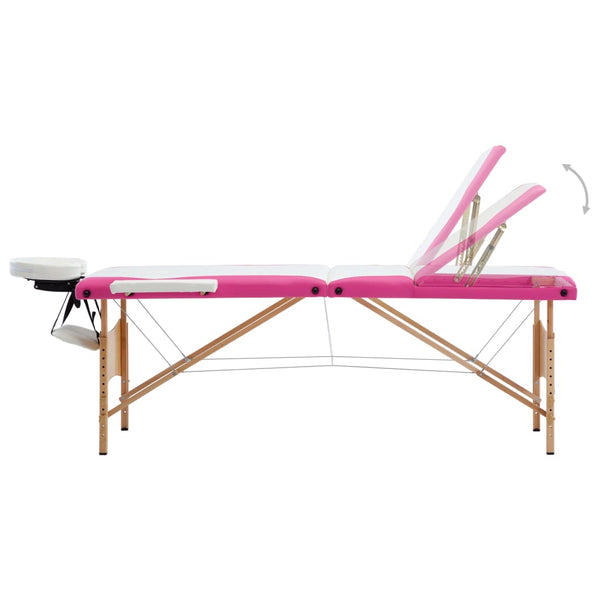 vidaXL 3-Zone Foldable Massage Table with Wooden Frame White and Pink