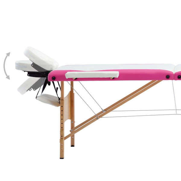 vidaXL 3-Zone Foldable Massage Table with Wooden Frame White and Pink
