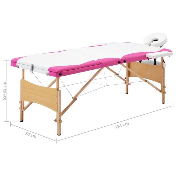 vidaXL 3-Zone Foldable Massage Table with Wooden Frame White and Pink