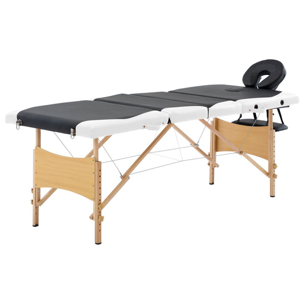 vidaXL Foldable 4-Zone Massage Table with Wooden Frame Black and White