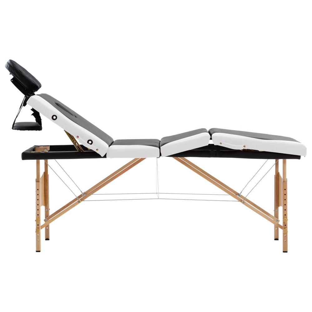 vidaXL Foldable 4-Zone Massage Table with Wooden Frame Black and White