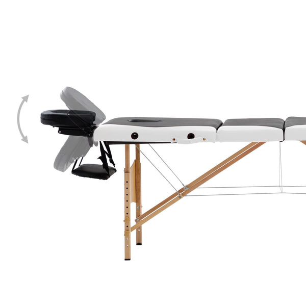 vidaXL Foldable 4-Zone Massage Table with Wooden Frame Black and White