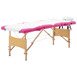 vidaXL Foldable 4-Zone Massage Table with Wooden Frame White and Pink