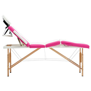 vidaXL Foldable 4-Zone Massage Table with Wooden Frame White and Pink