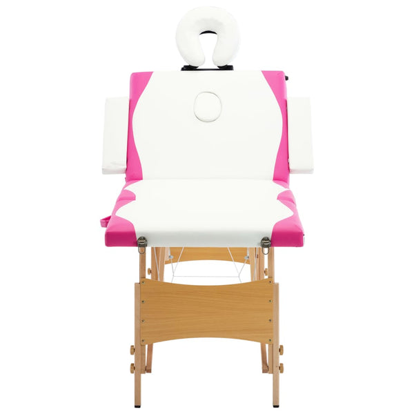 vidaXL Foldable 4-Zone Massage Table with Wooden Frame White and Pink