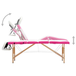 vidaXL Foldable 4-Zone Massage Table with Wooden Frame White and Pink