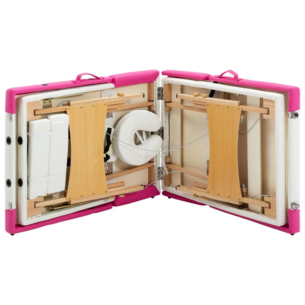 vidaXL Foldable 4-Zone Massage Table with Wooden Frame White and Pink